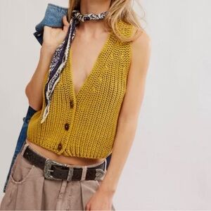 Free People Desert Rose Mustard Crochet Knit Button-Down Vest S
